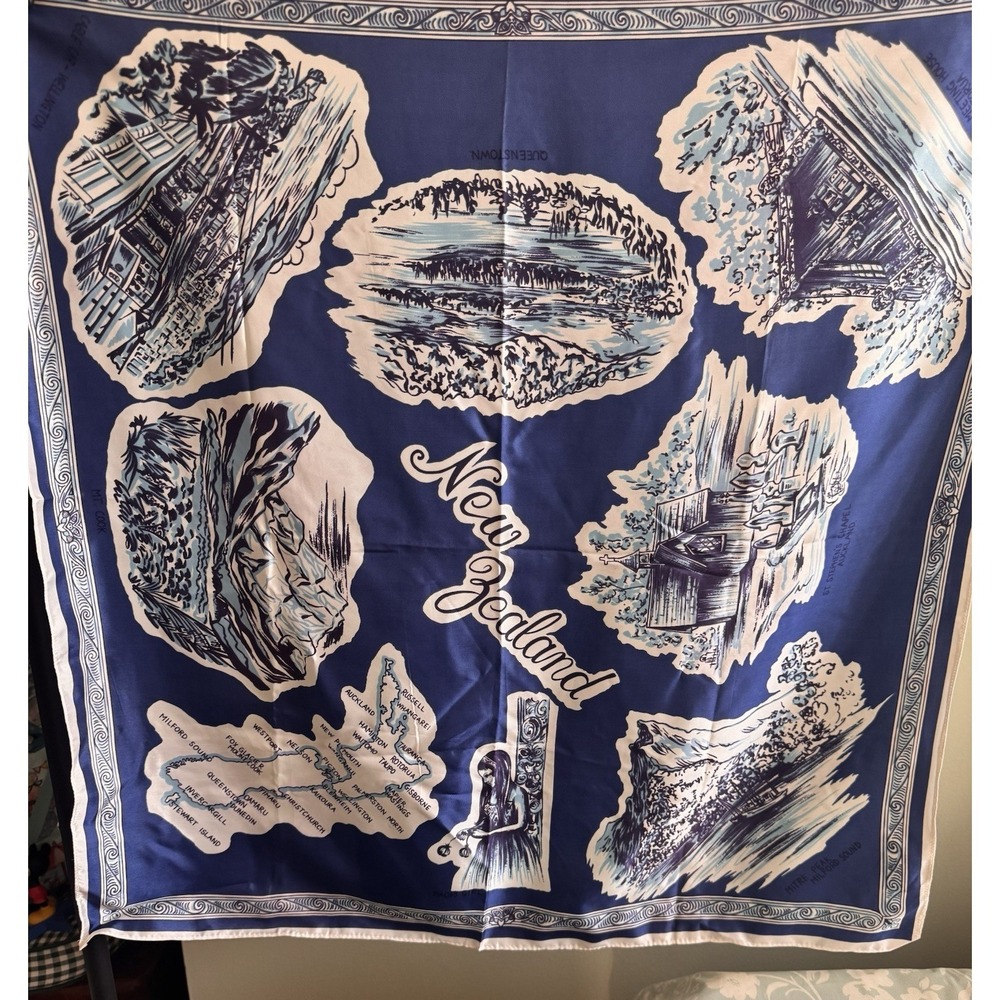 Vintage New Zealand Scarf 1950S Tourist Silky Satin Map Blue White Novelty